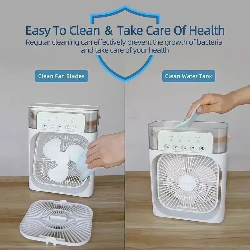 Rafraîchisseur d'Air Portable 3-en-1 – Ventilateur Silencieux, Humidificateur et Veilleuse LED pour la Maison et le Bureau