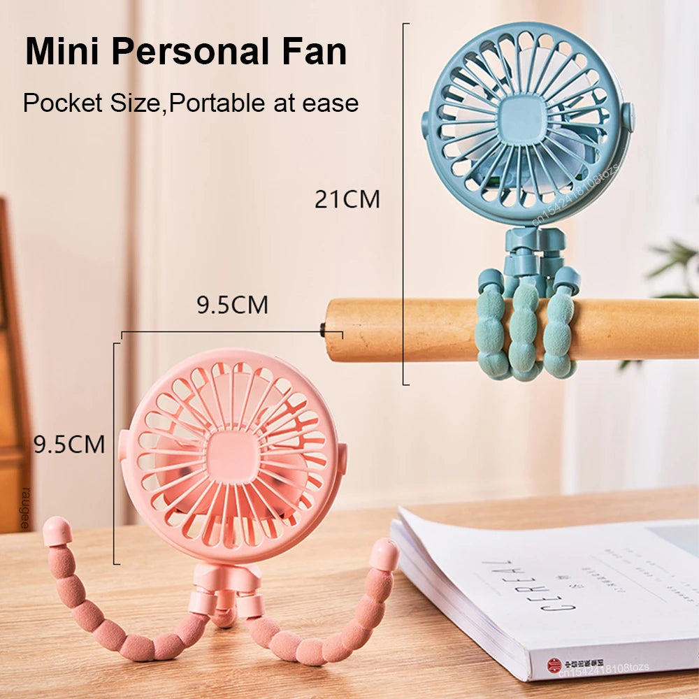 Ventilateur portable poussette rechargeable USB – Mini ventilateur clip flexible 360° pour bébé, bureau et voyage