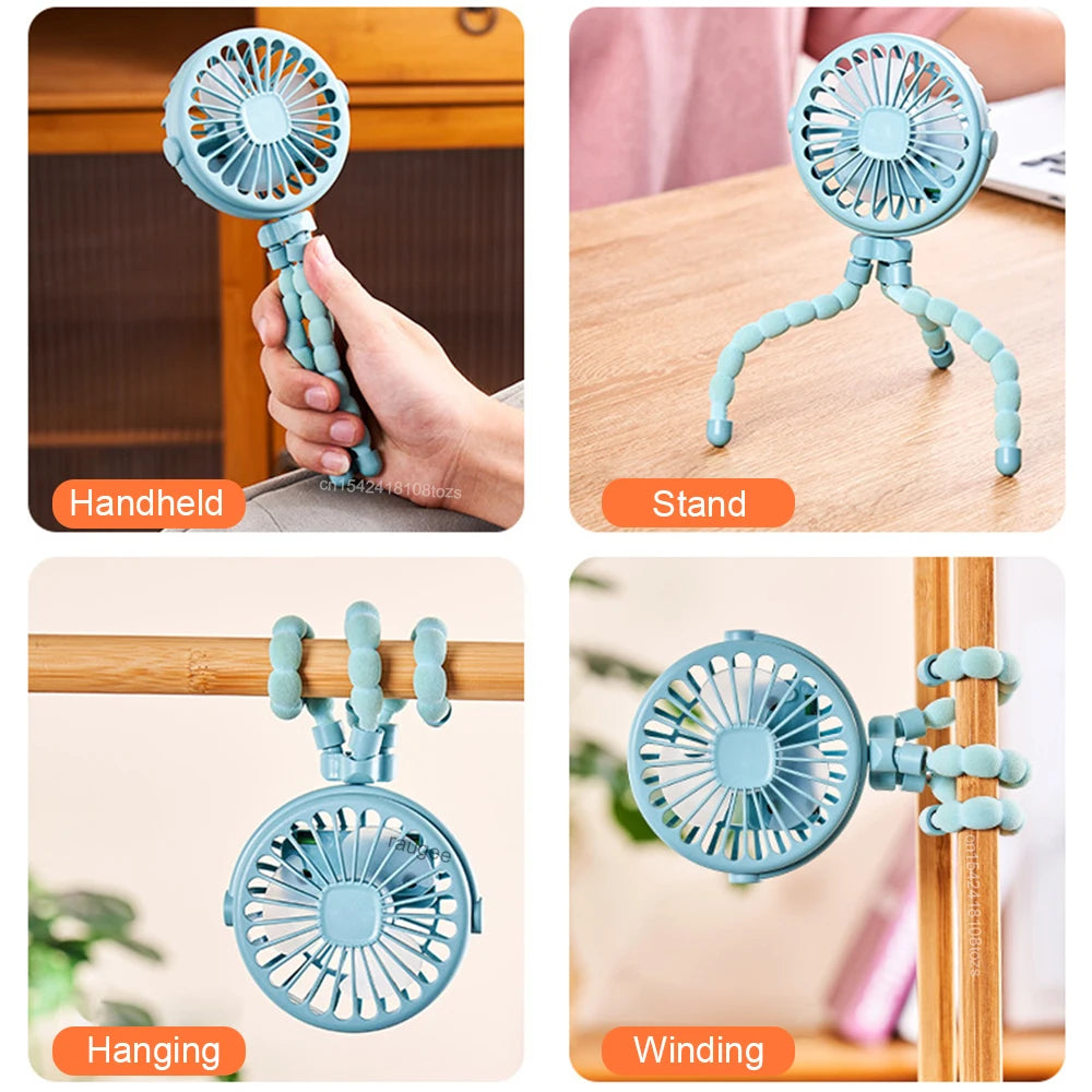 Ventilateur portable poussette rechargeable USB – Mini ventilateur clip flexible 360° pour bébé, bureau et voyage
