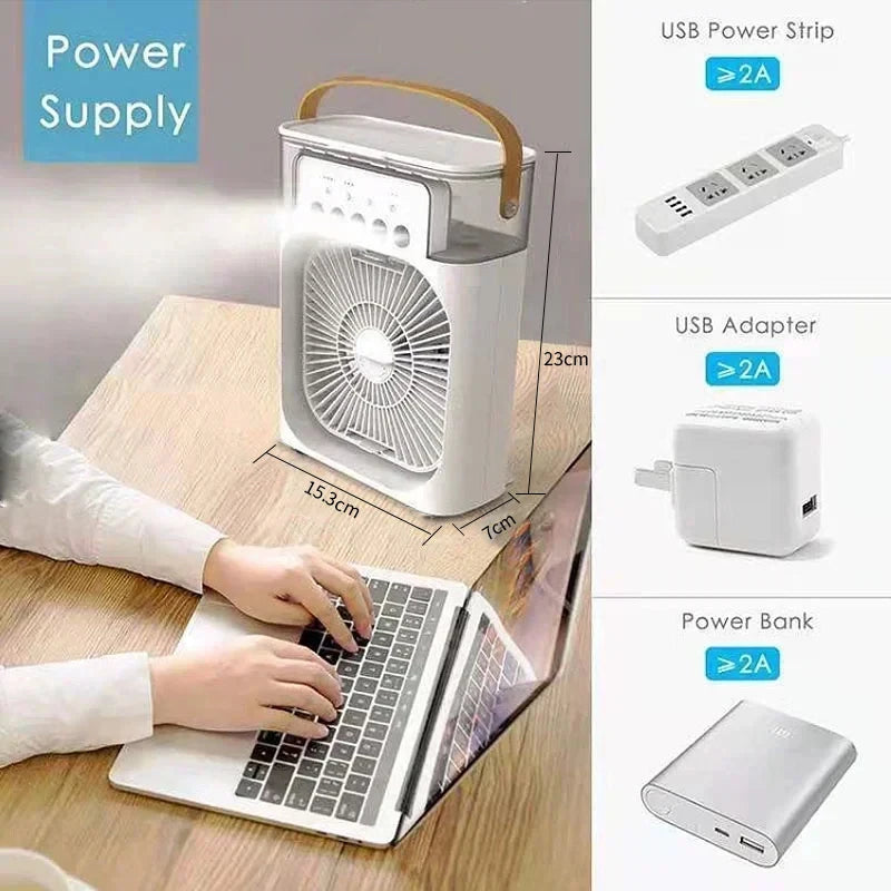 Rafraîchisseur d'Air Portable 3-en-1 – Ventilateur Silencieux, Humidificateur et Veilleuse LED pour la Maison et le Bureau