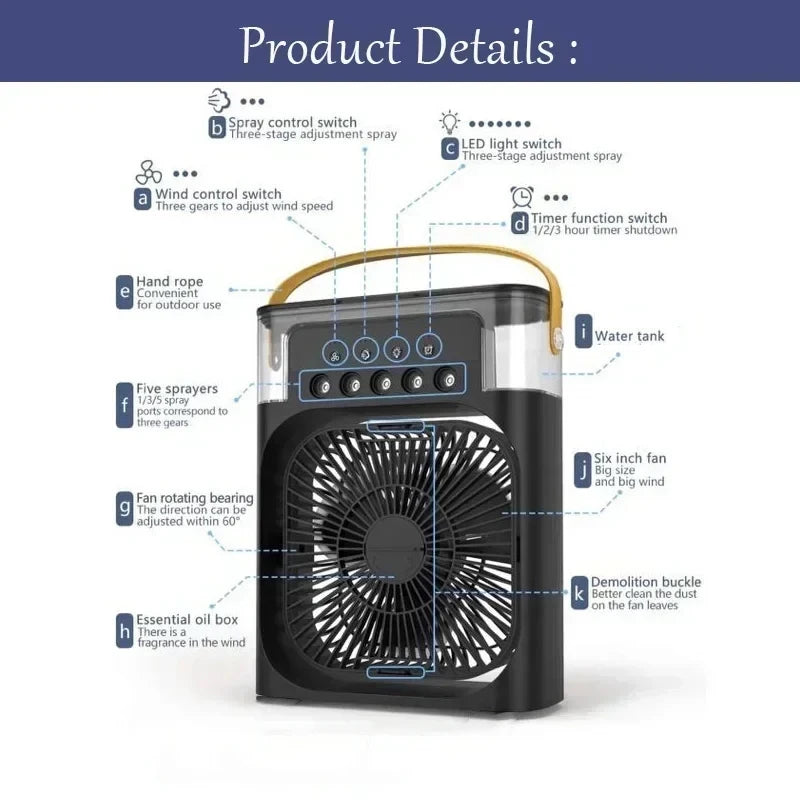 Rafraîchisseur d'Air Portable 3-en-1 – Ventilateur Silencieux, Humidificateur et Veilleuse LED pour la Maison et le Bureau